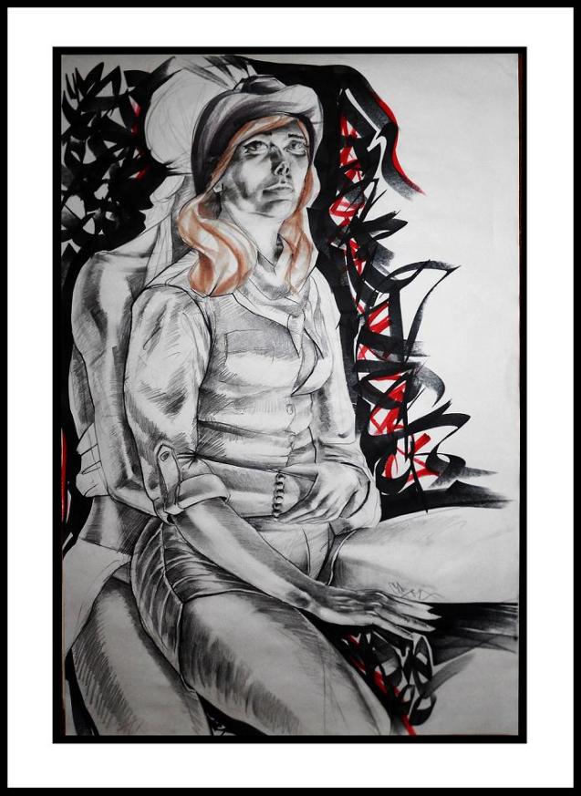 graphite, marker, whisky on paper, 36 x 24 inches